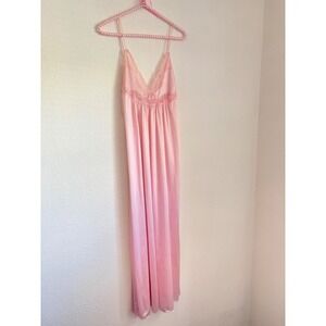 Vintage Pink kayser satin Lace Maxi Nightgown Spaghetti Strap Bow slip Sleepwear